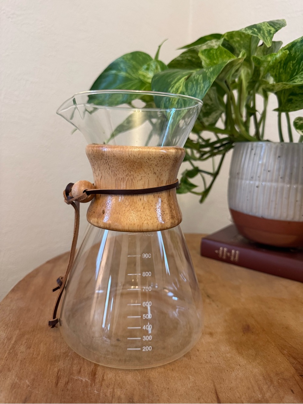 34 oz Glass Coffee Pour-Over Carafe with Wooden Collar - Natural Brown